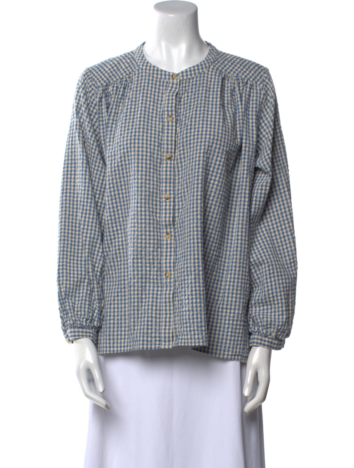 Posse Plaid Print Crew Neck Button-Up Top
