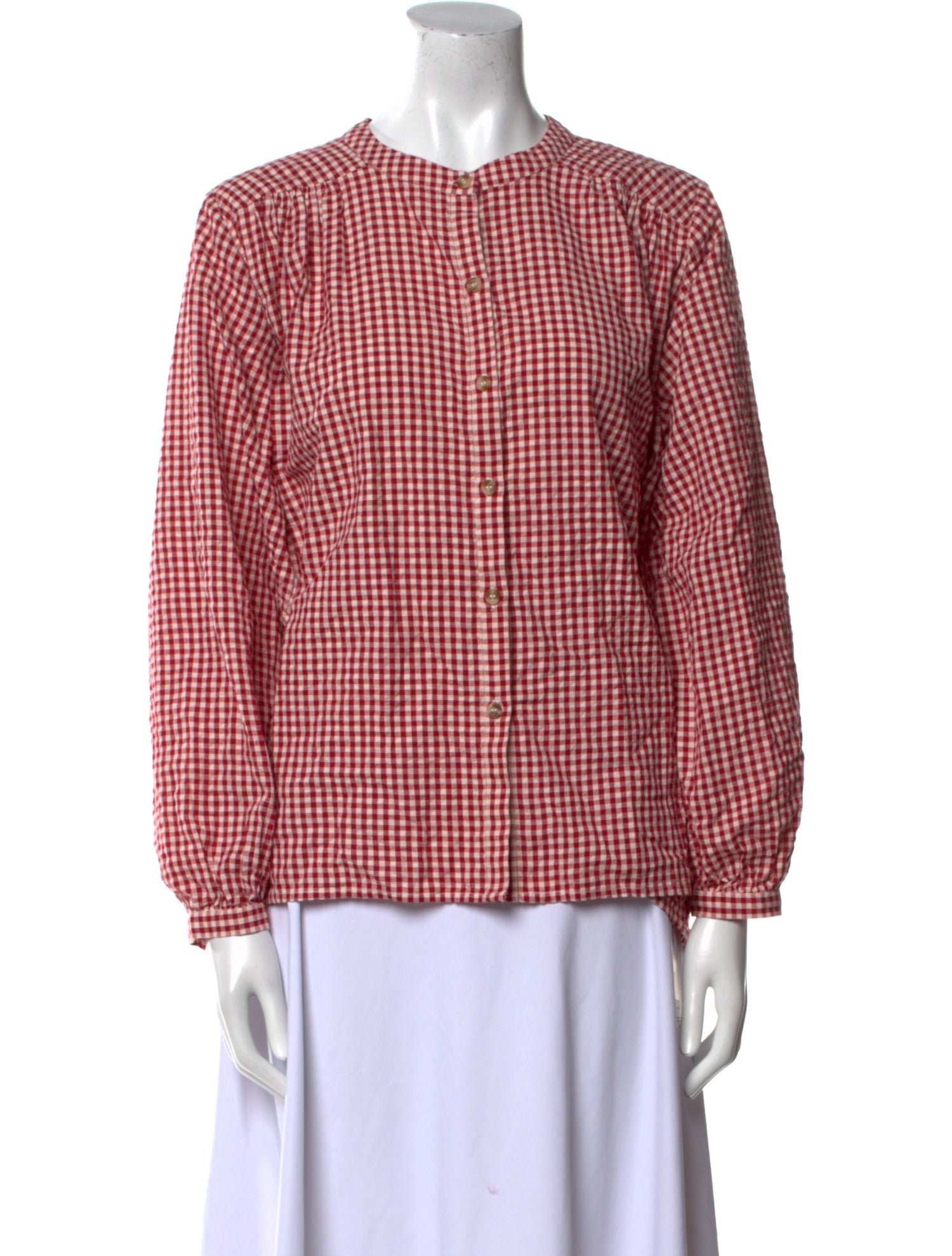 Posse Plaid Print Crew Neck Button-Up Top