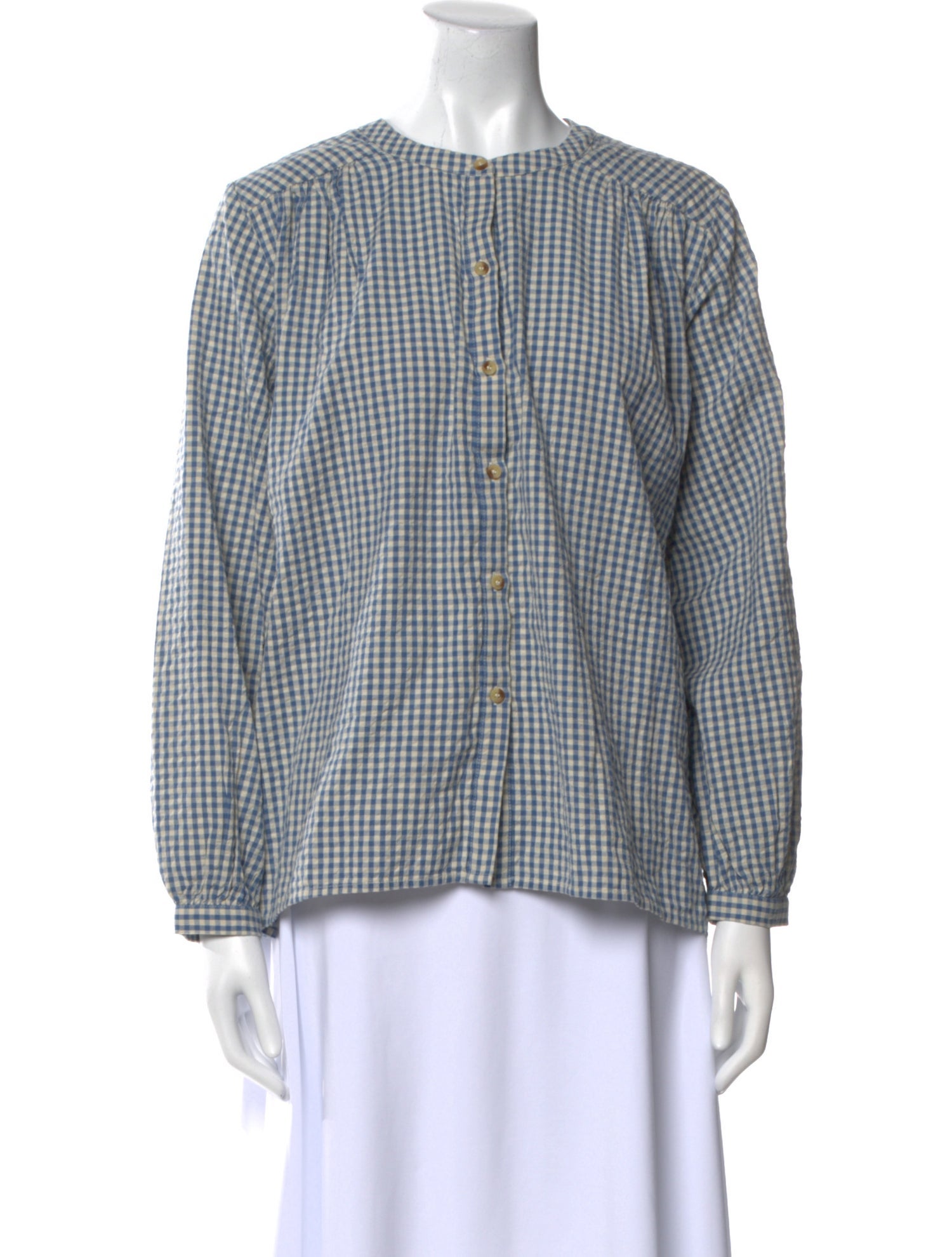 Posse Plaid Print Crew Neck Button-Up Top