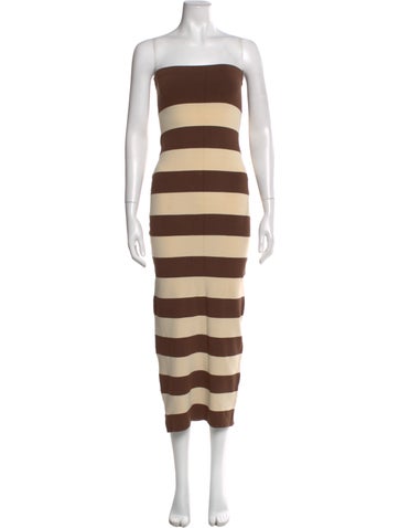 Pre-owned Posse Striped Midi Length Dress In Brown
