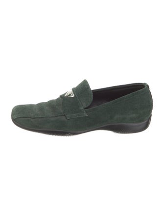 Prada Sport Enameled Metal Triangle Suede Loafers
