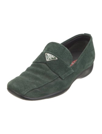 Prada Sport Enameled Metal Triangle Suede Loafers