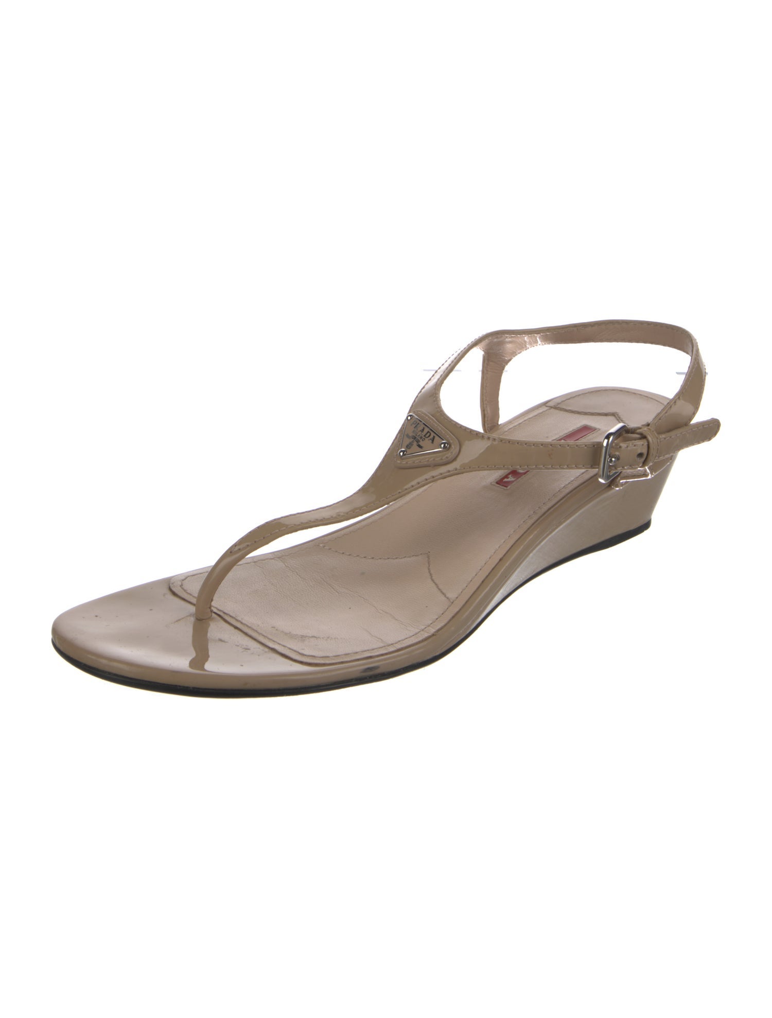 Prada Sport Enameled Metal Triangle Patent Leather T-Strap Sandals
