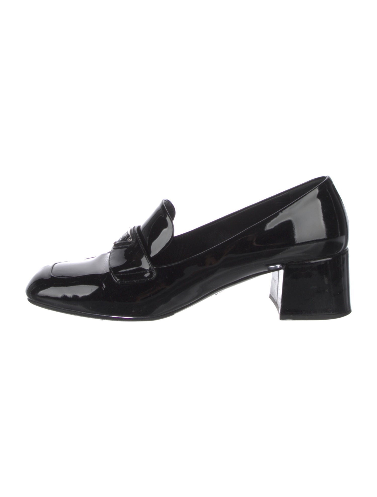 Prada Enameled Metal Triangle Patent Leather Pumps