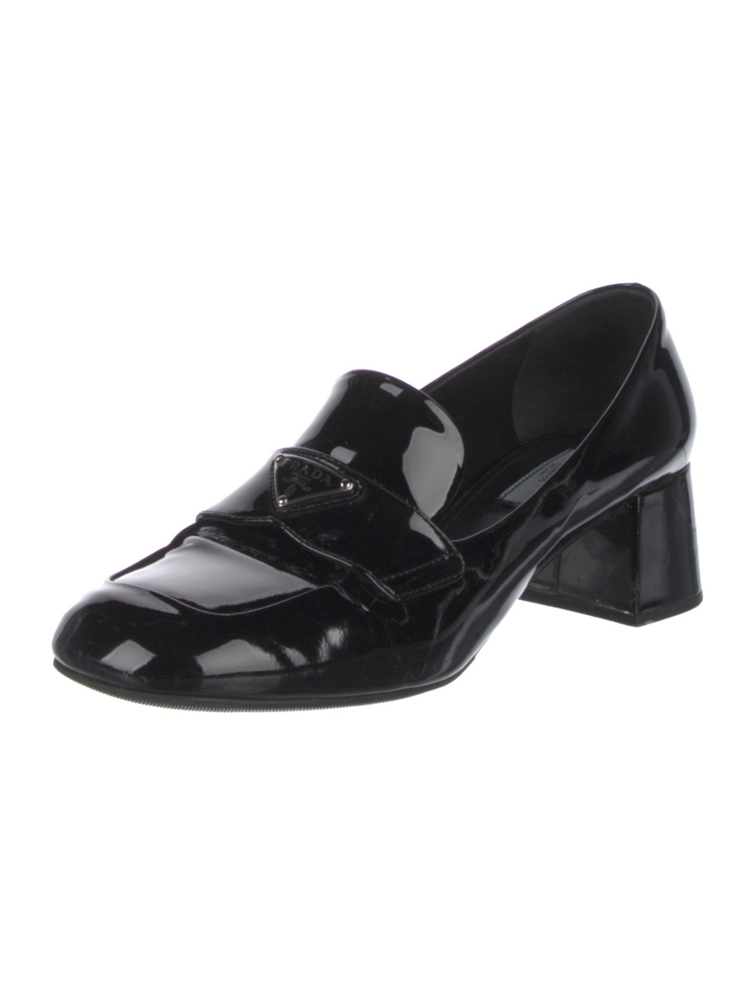 Prada Enameled Metal Triangle Patent Leather Pumps