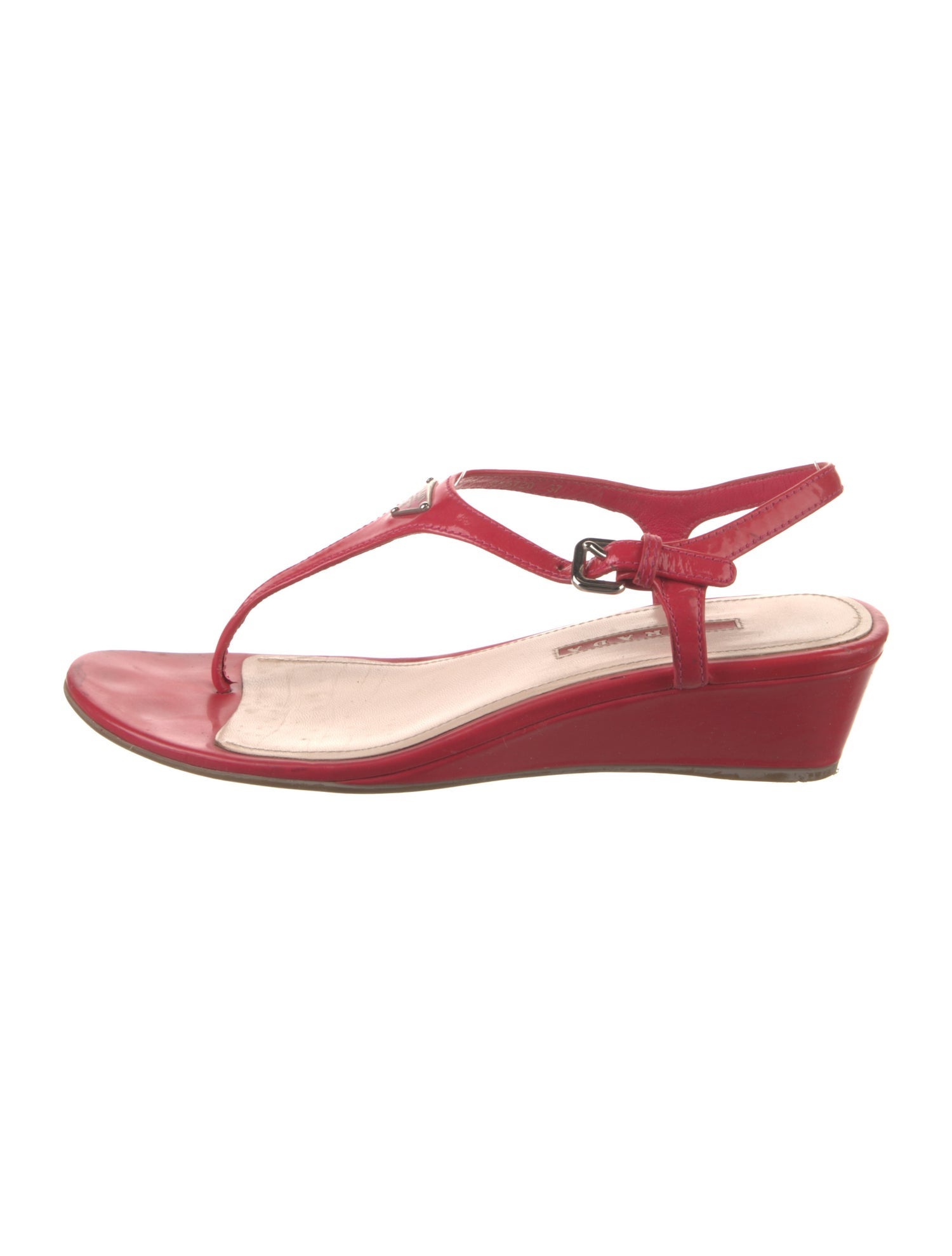 Prada Sport Enameled Metal Triangle Patent Leather T-Strap Sandals