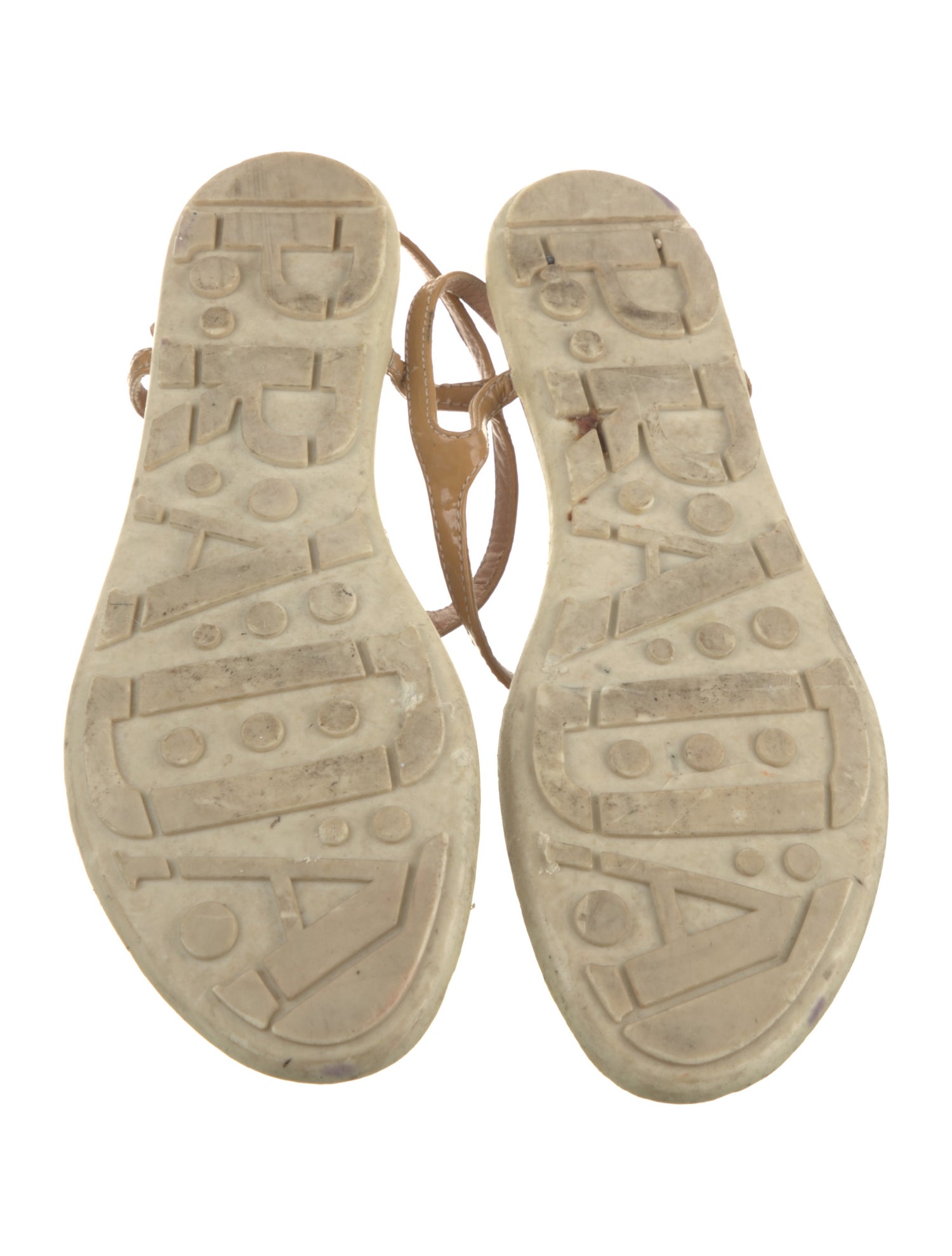 Prada Sport Enameled Metal Triangle Patent Leather T-Strap Sandals