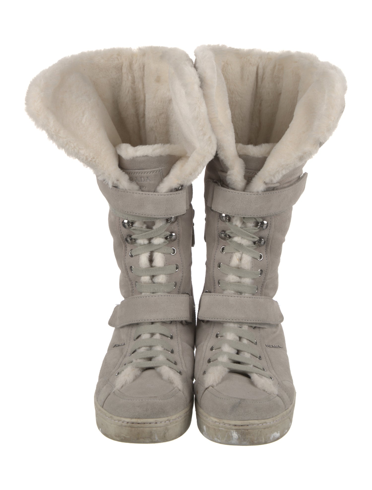 Prada Sport Suede Fur Trim Wedge Sneakers