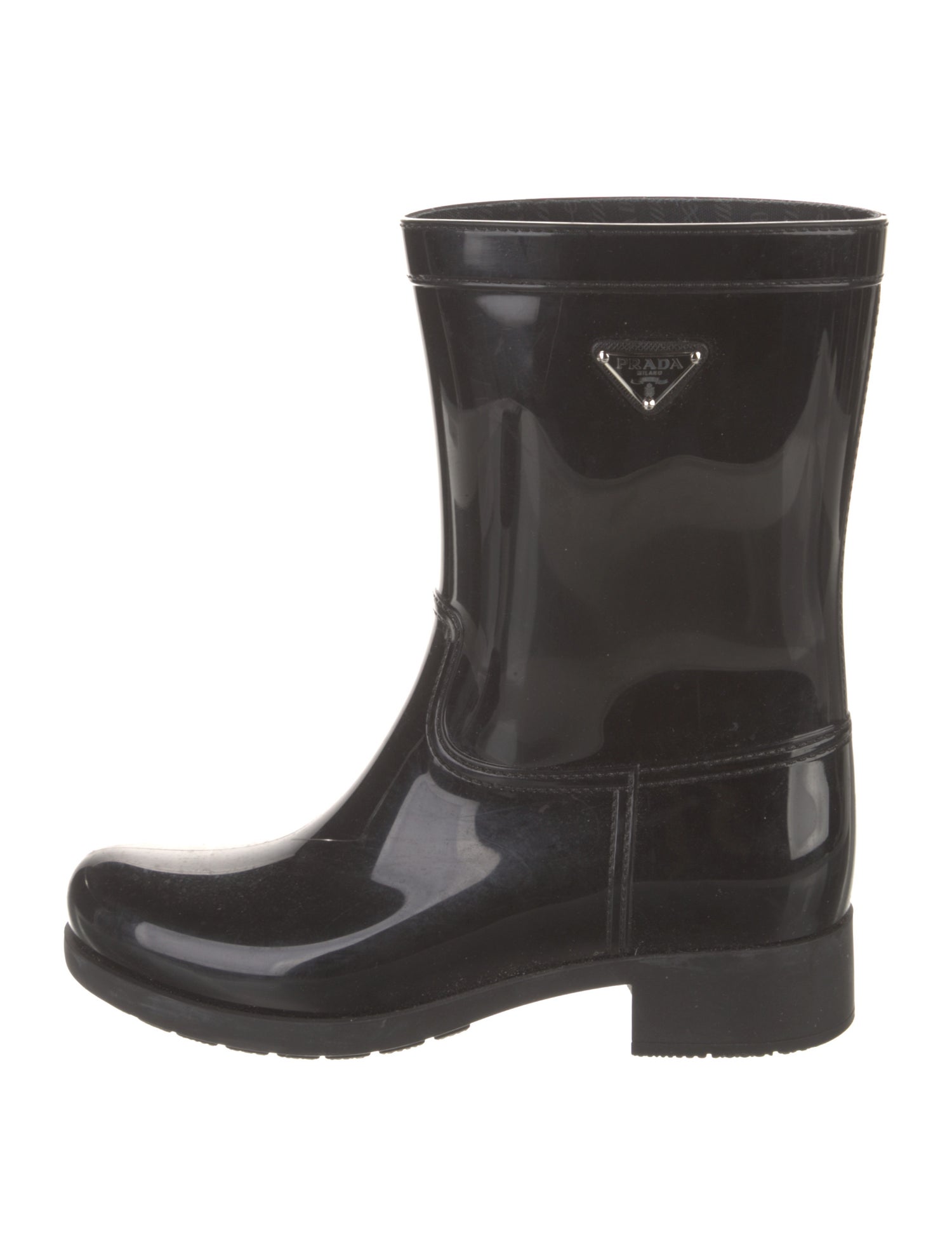 Prada Sport Enameled Metal Triangle Rubber Rain Boots