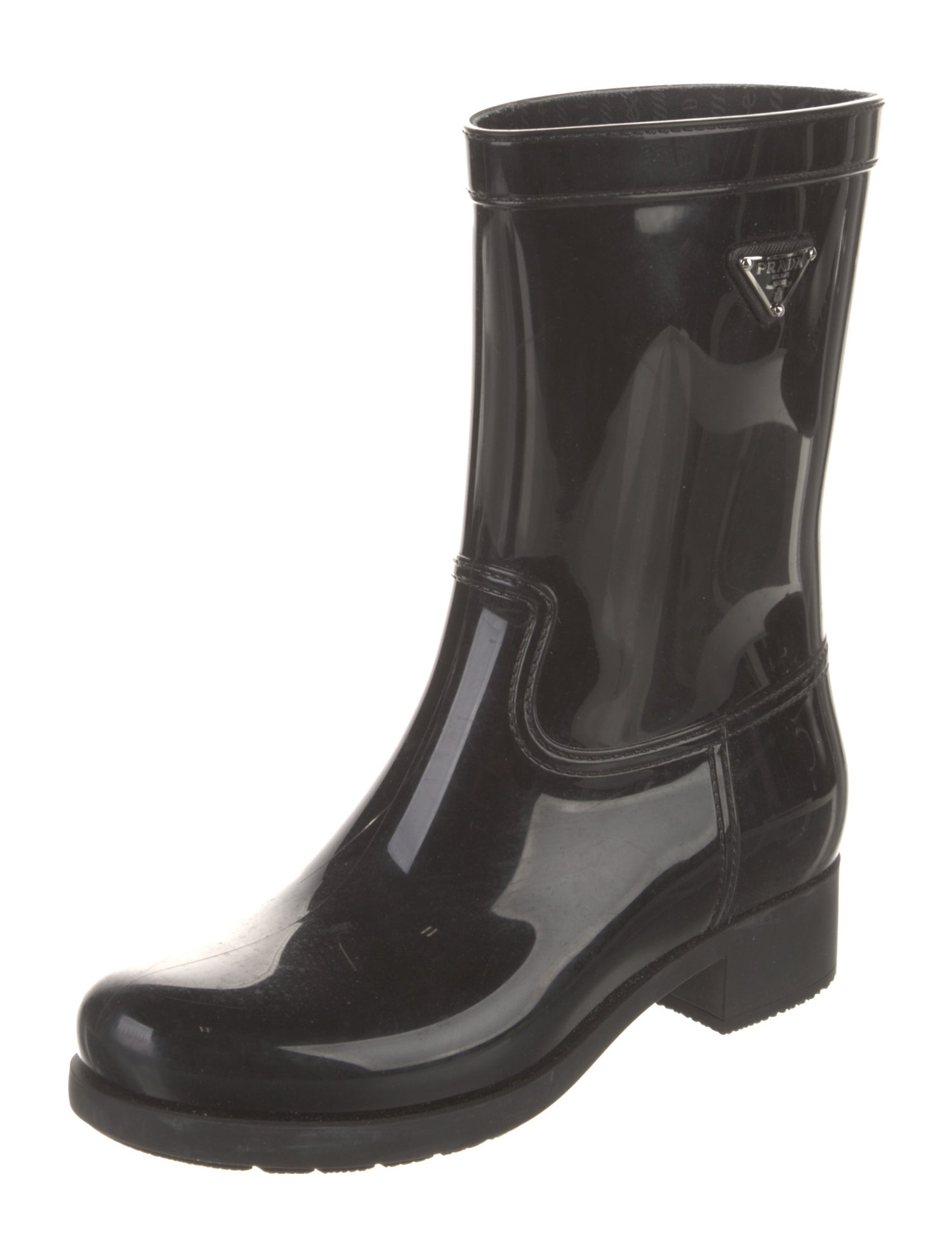 Prada Sport Enameled Metal Triangle Rubber Rain Boots