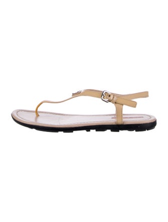 Prada Sport Enameled Metal Triangle Patent Leather T-Strap Sandals