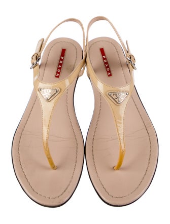 Prada Sport Enameled Metal Triangle Patent Leather T-Strap Sandals