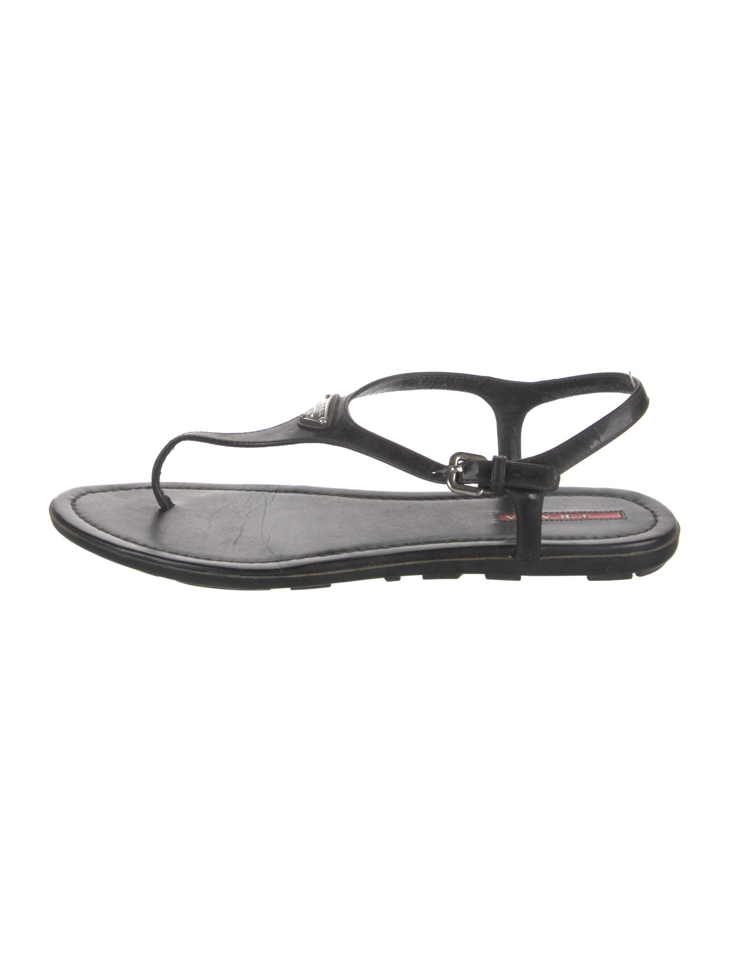 Prada Sport Enameled Metal Triangle Patent Leather T-Strap Sandals