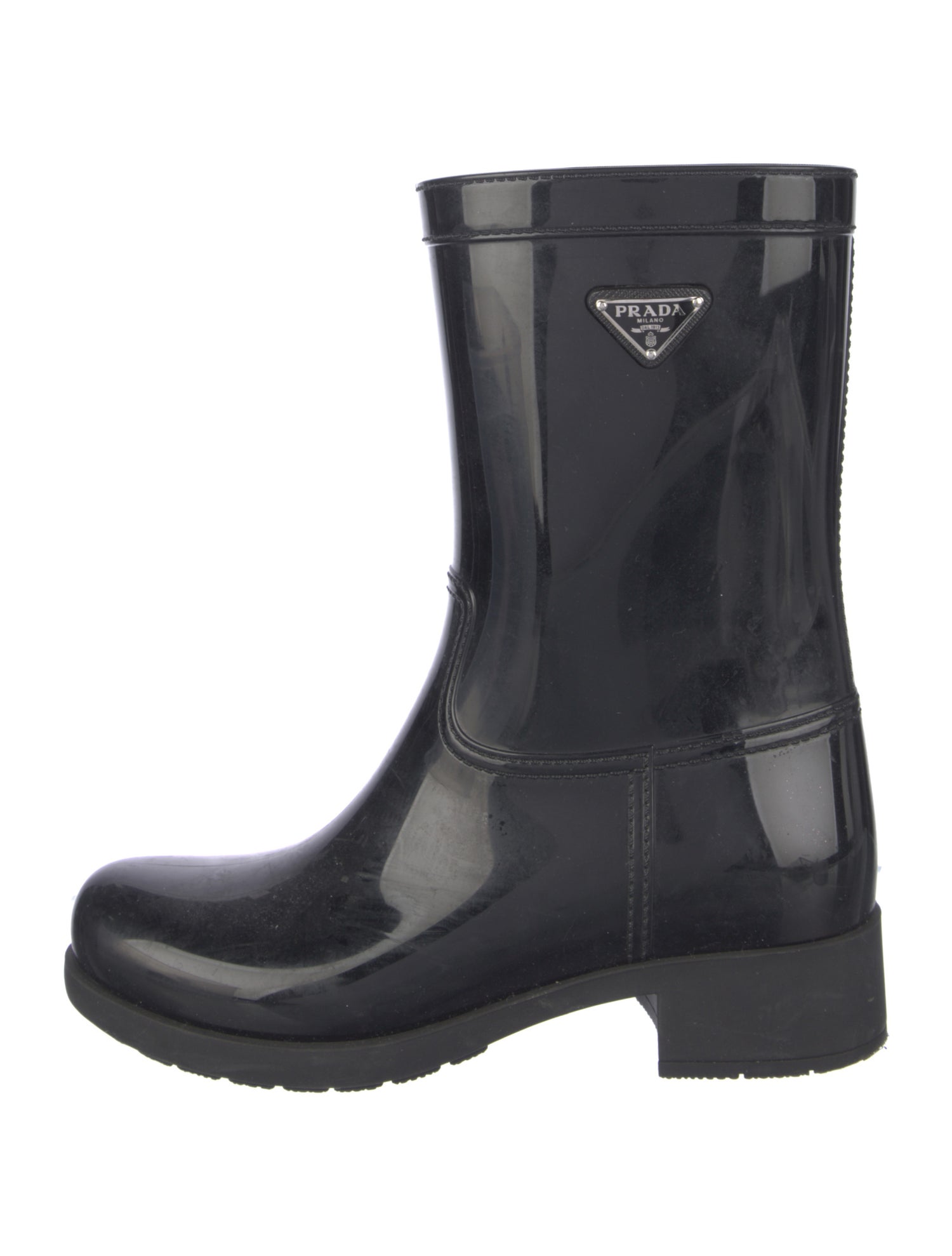 Prada Sport Enameled Metal Triangle Rubber Rain Boots
