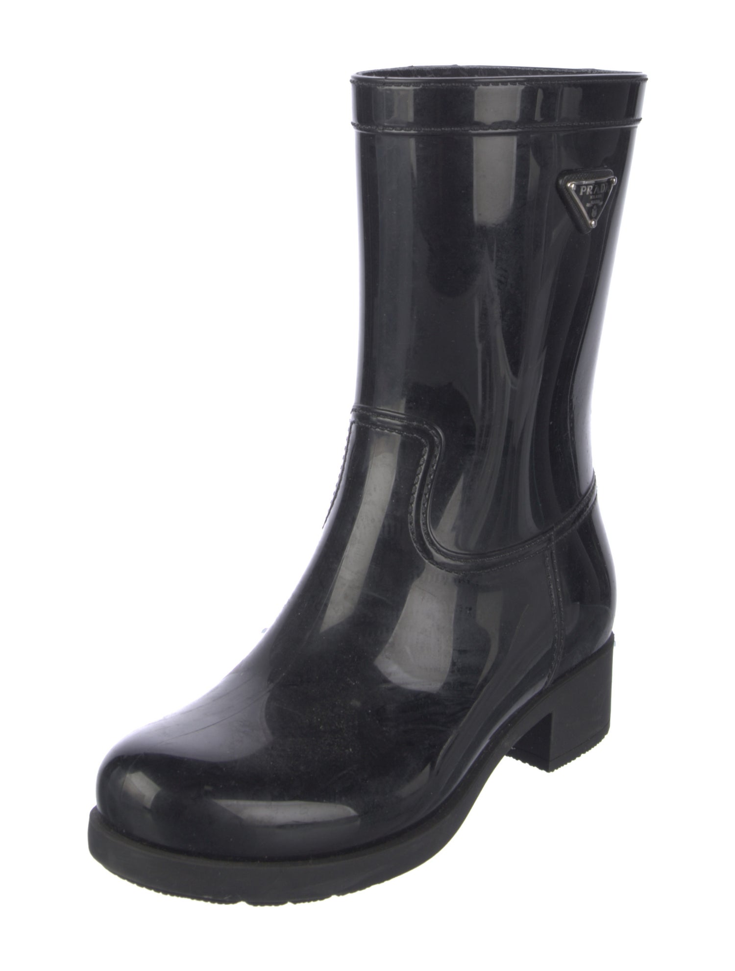 Prada Sport Enameled Metal Triangle Rubber Rain Boots