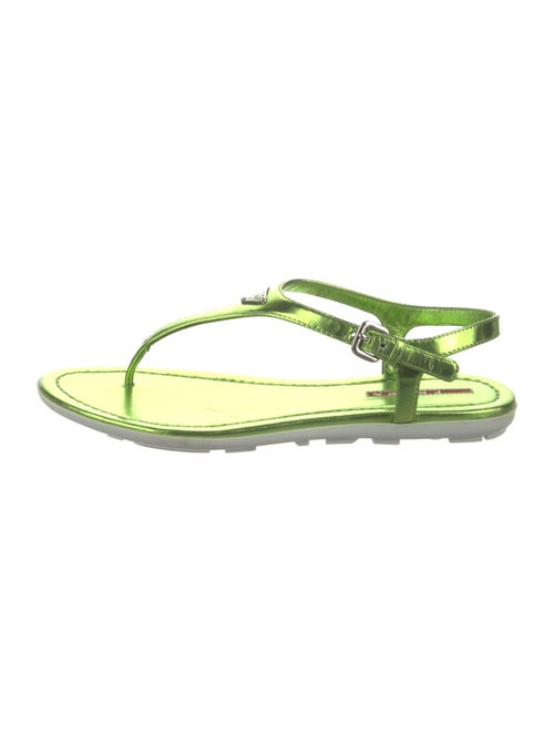Prada Sport Enameled Metal Triangle Patent Leather T-Strap Sandals