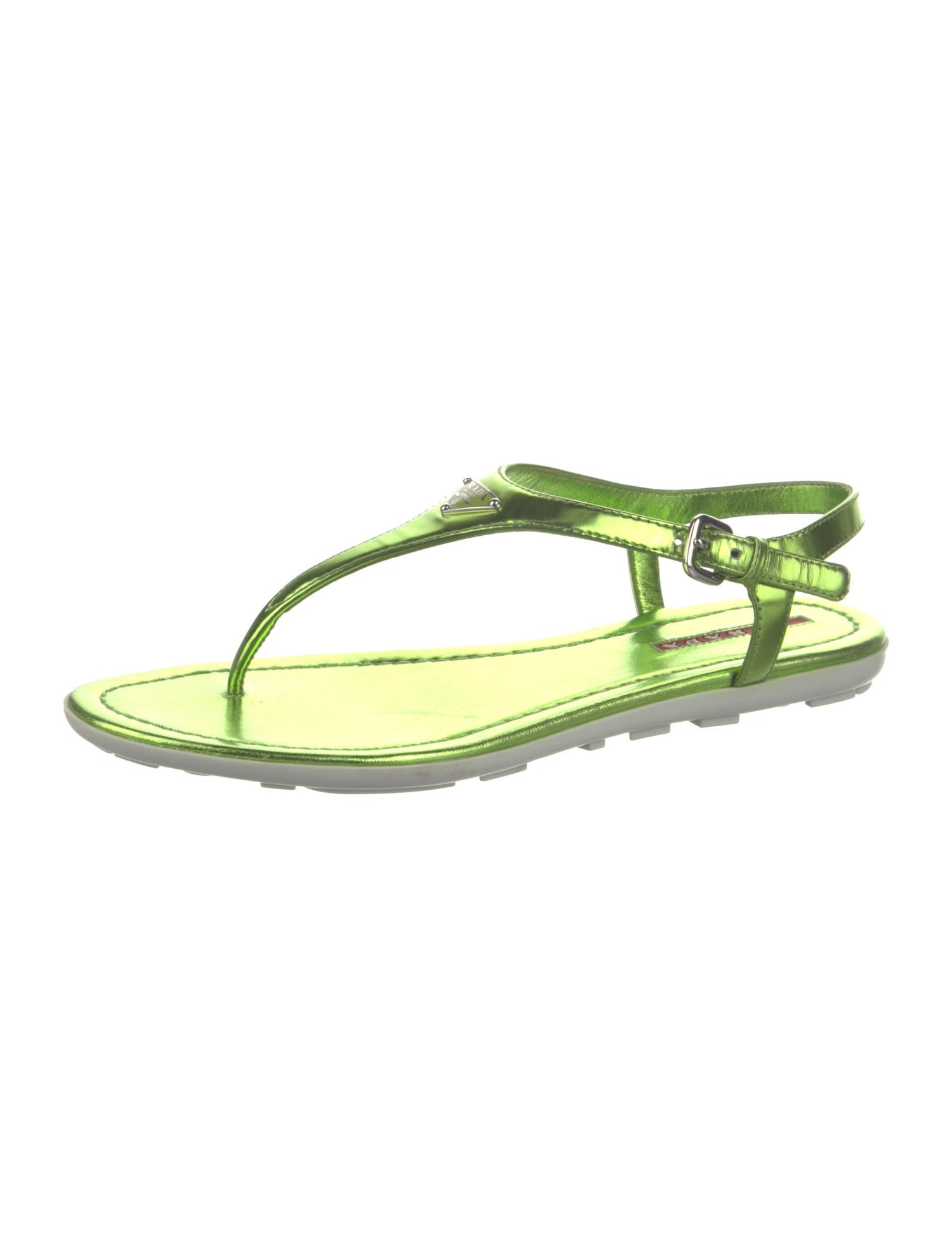 Prada Sport Enameled Metal Triangle Patent Leather T-Strap Sandals
