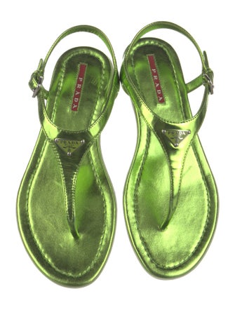 Prada Sport Enameled Metal Triangle Patent Leather T-Strap Sandals
