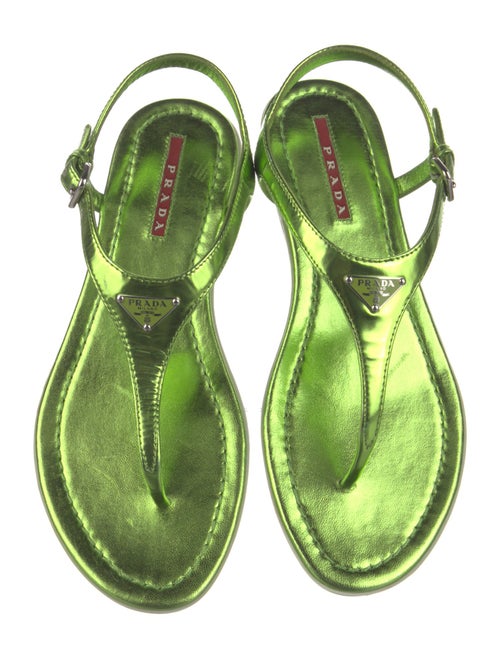 Prada Sport Enameled Metal Triangle Patent Leather T-Strap Sandals