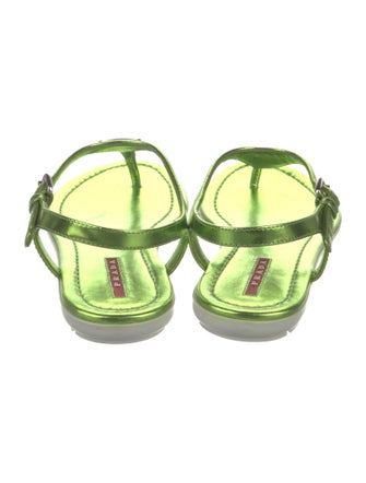 Prada Sport Enameled Metal Triangle Patent Leather T-Strap Sandals
