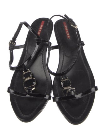 Prada Sport Patent Leather Crystal Embellishments T-Strap Sandals