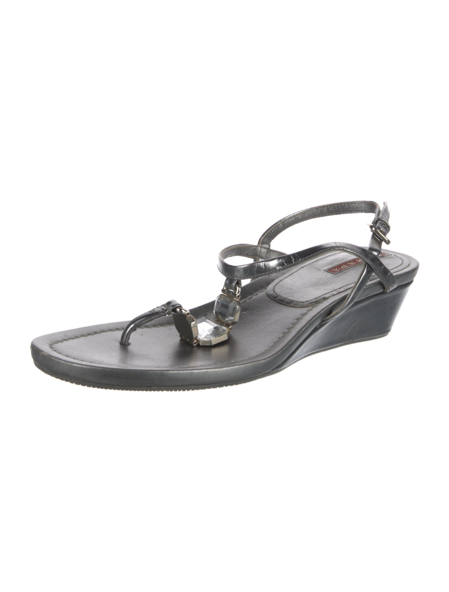 Prada Sport Patent Leather Crystal Embellishments T-Strap Sandals