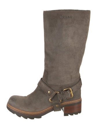 Prada Sport Suede Leather Trim Embellishment Moto Boots