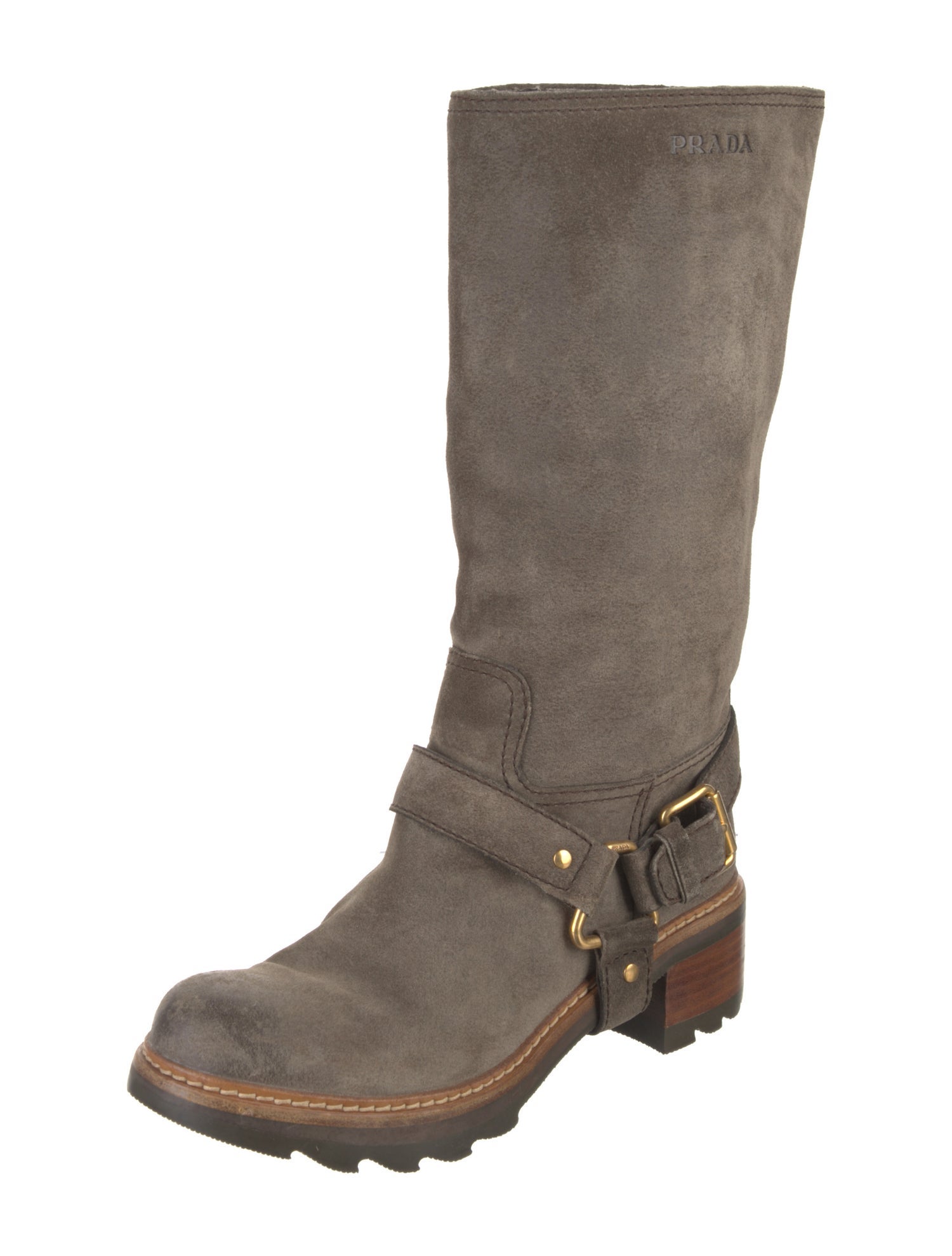 Prada Sport Suede Leather Trim Embellishment Moto Boots