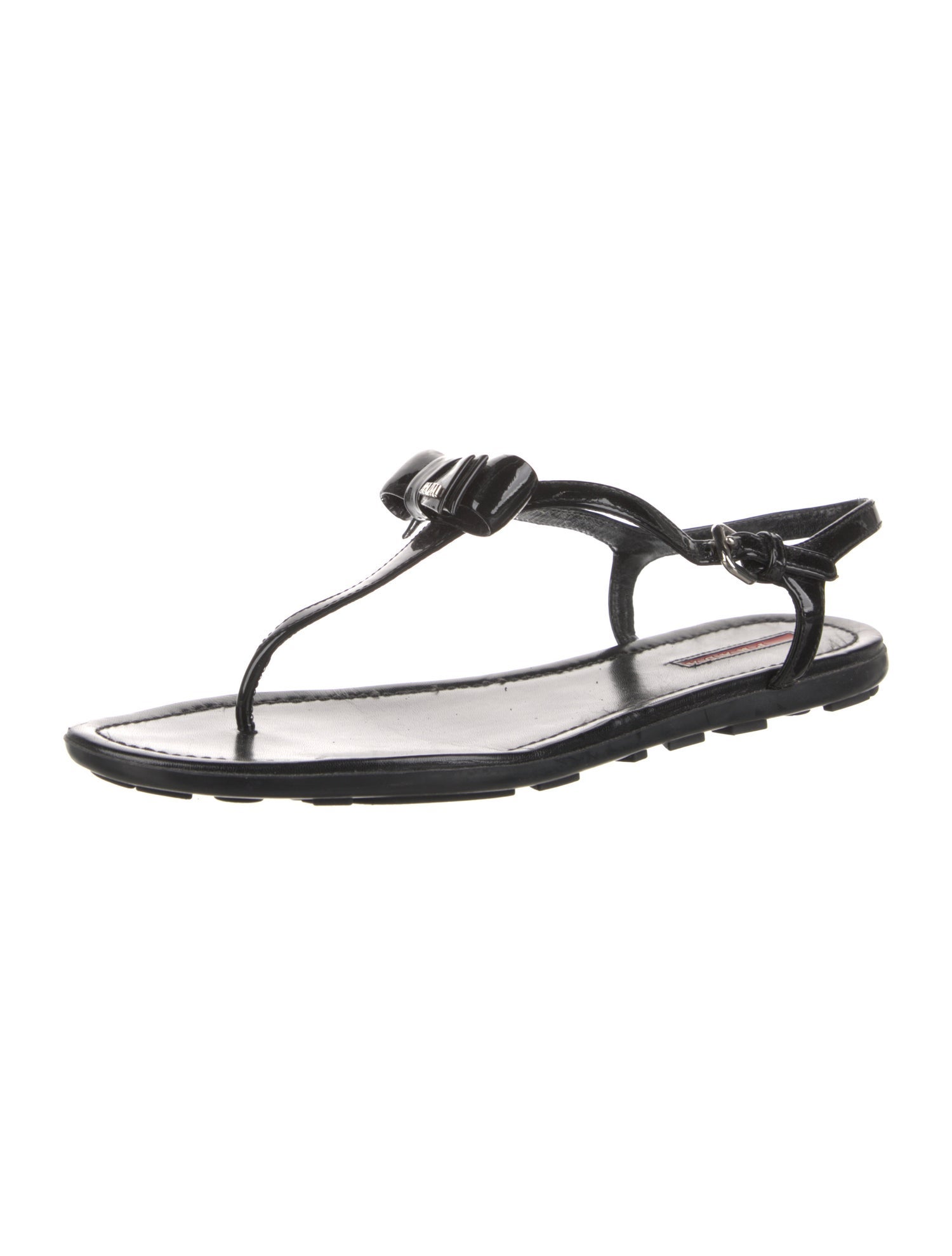 Prada Sport Patent Leather Bow Accents T-Strap Sandals