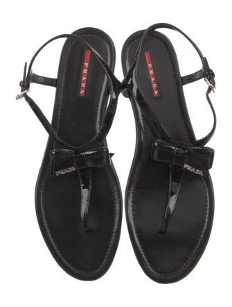 Prada Sport Patent Leather Bow Accents T-Strap Sandals