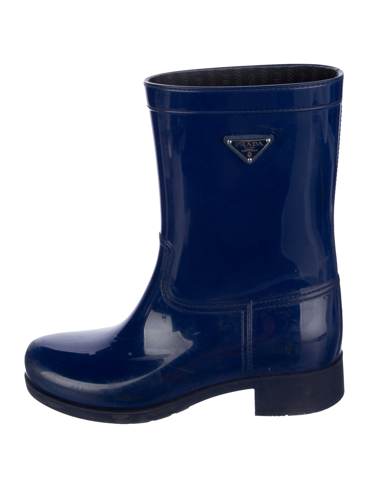 Prada Sport Enameled Metal Triangle Rubber Rain Boots