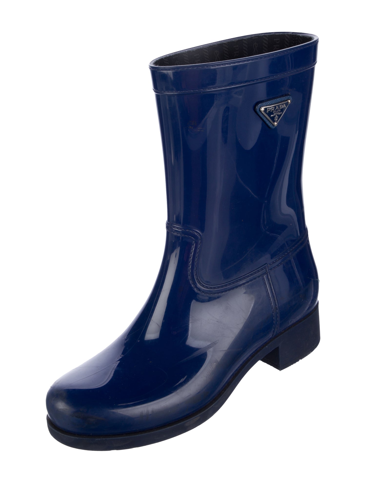 Prada Sport Enameled Metal Triangle Rubber Rain Boots