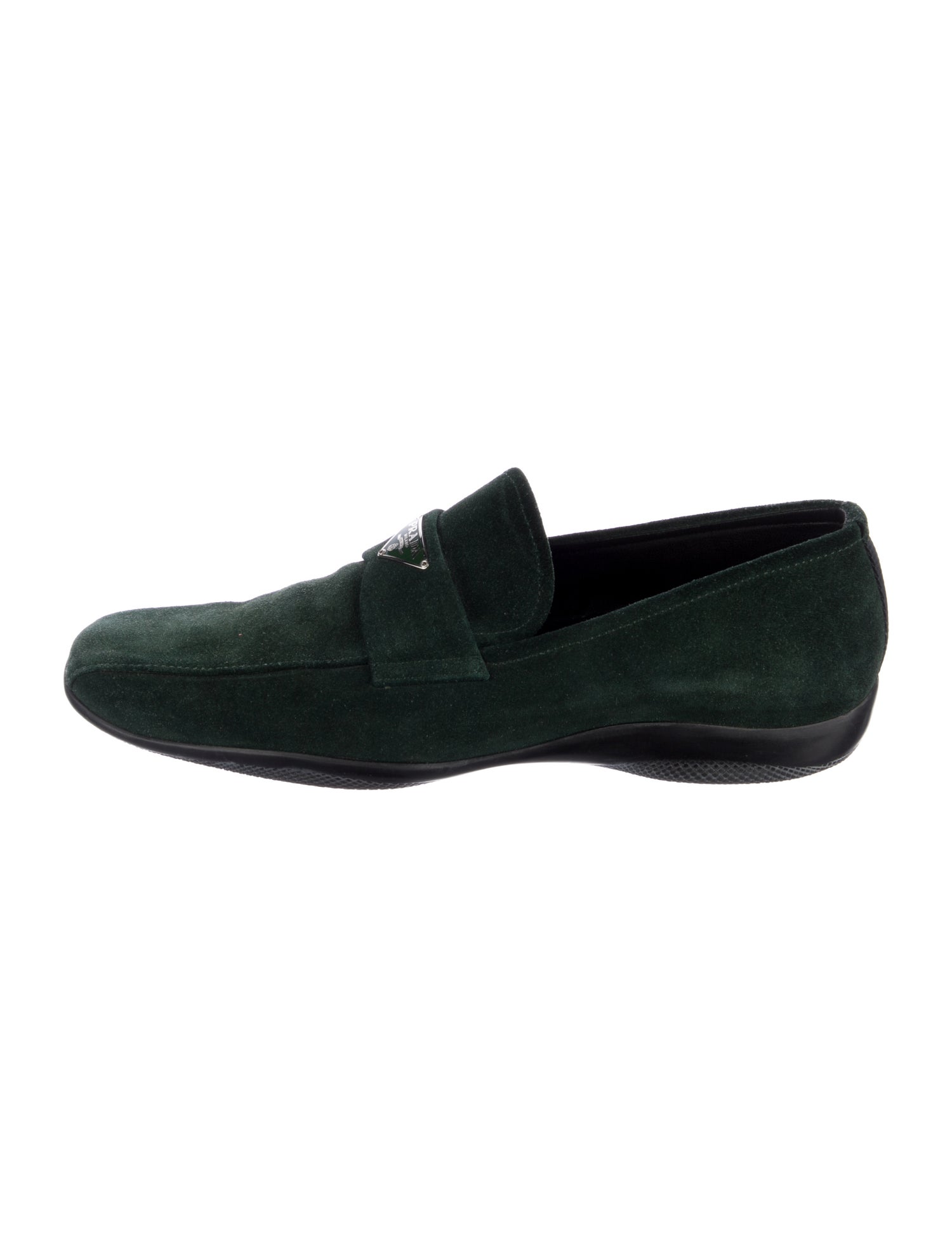 Prada Sport Enameled Metal Triangle Suede Loafers