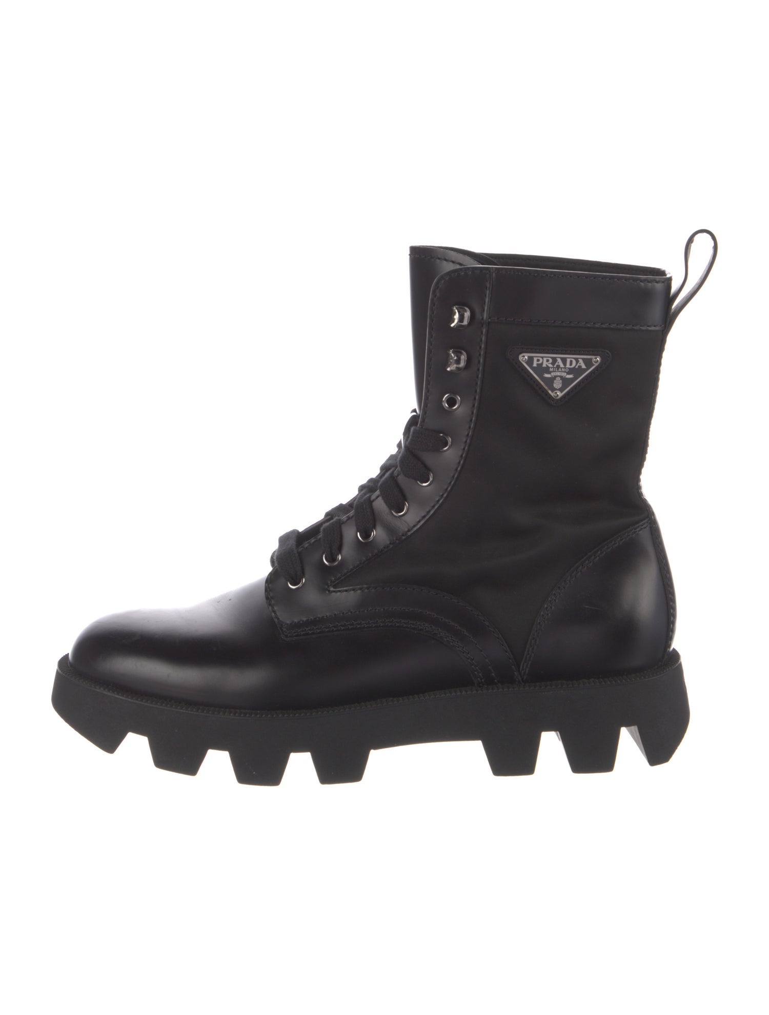 Prada Enameled Metal Triangle Leather Combat Boots