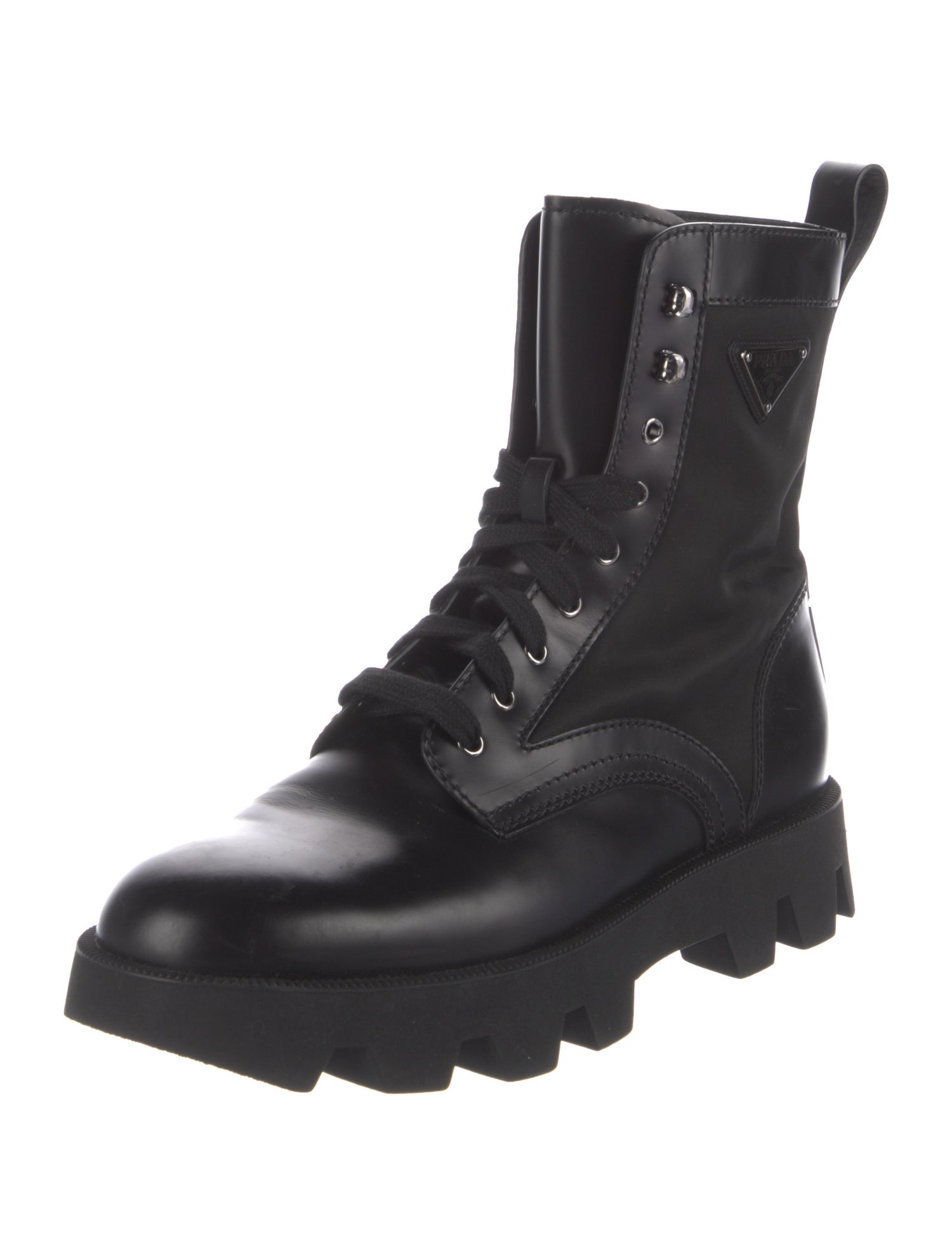 Prada Enameled Metal Triangle Leather Combat Boots