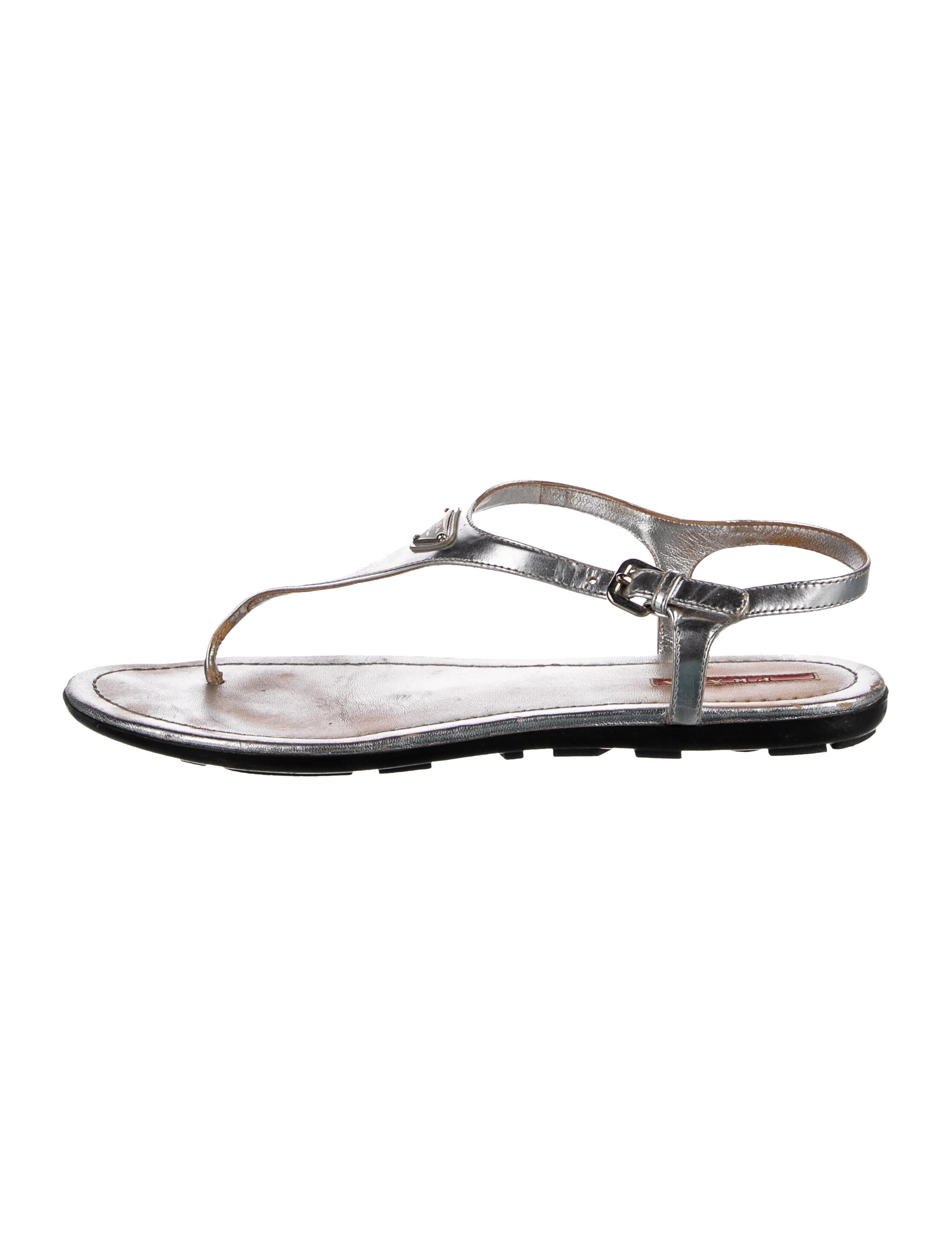 Prada Sport Enameled Metal Triangle Leather T-Strap Sandals