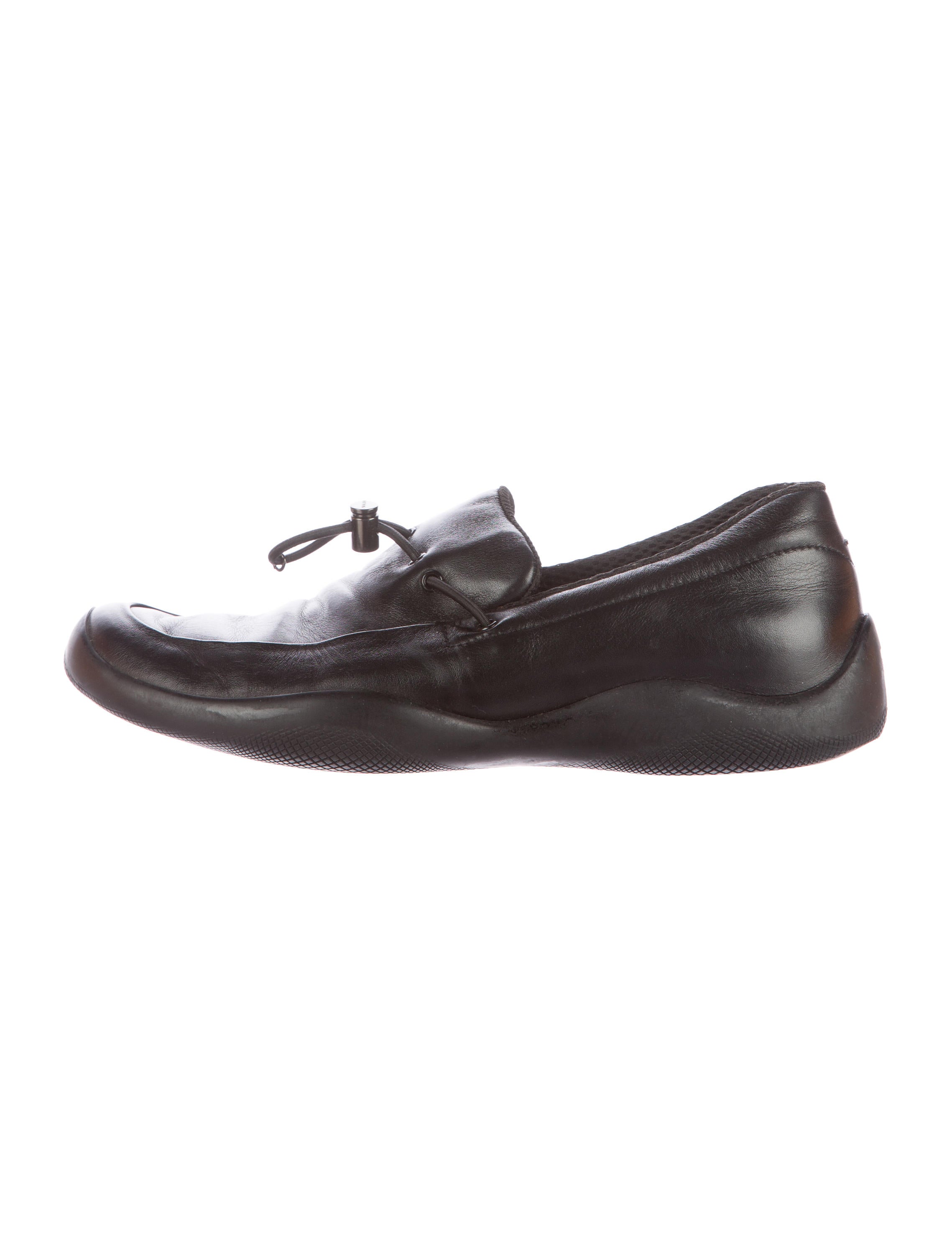 Prada Sport Leather Drawstring Loafers - Black Flats, Shoes 