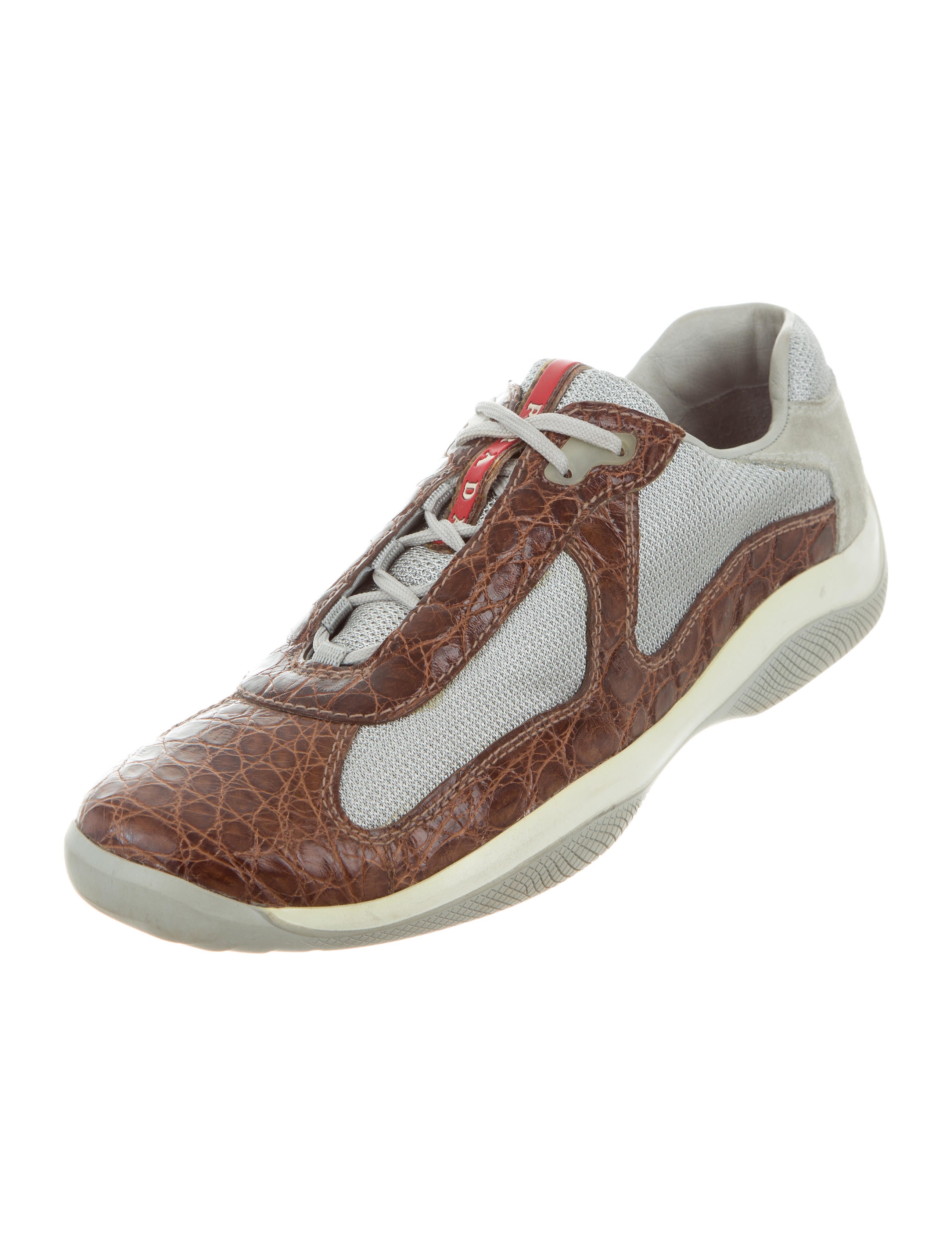 prada sport ステッチデザイン　スニーカー Prada Sport America's Cup Crocodile-Trimmed Sneakers - Brown