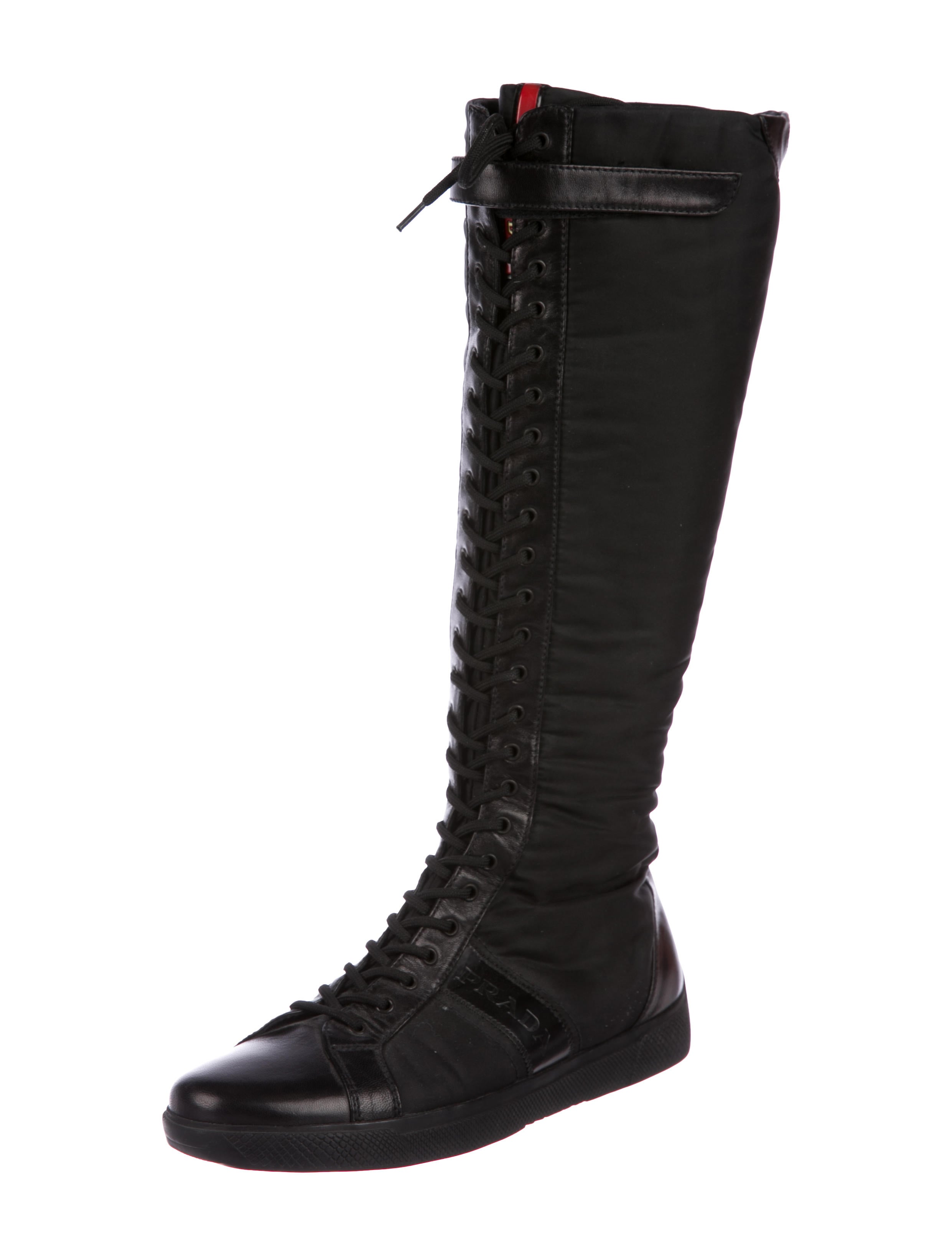 Prada Sport Lace-Up Knee-High Boots - Black Boots, Shoes