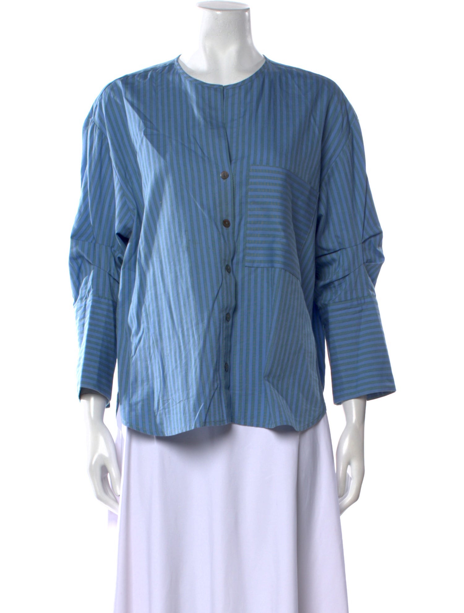 PROCHE Striped Crew Neck Button-Up Top