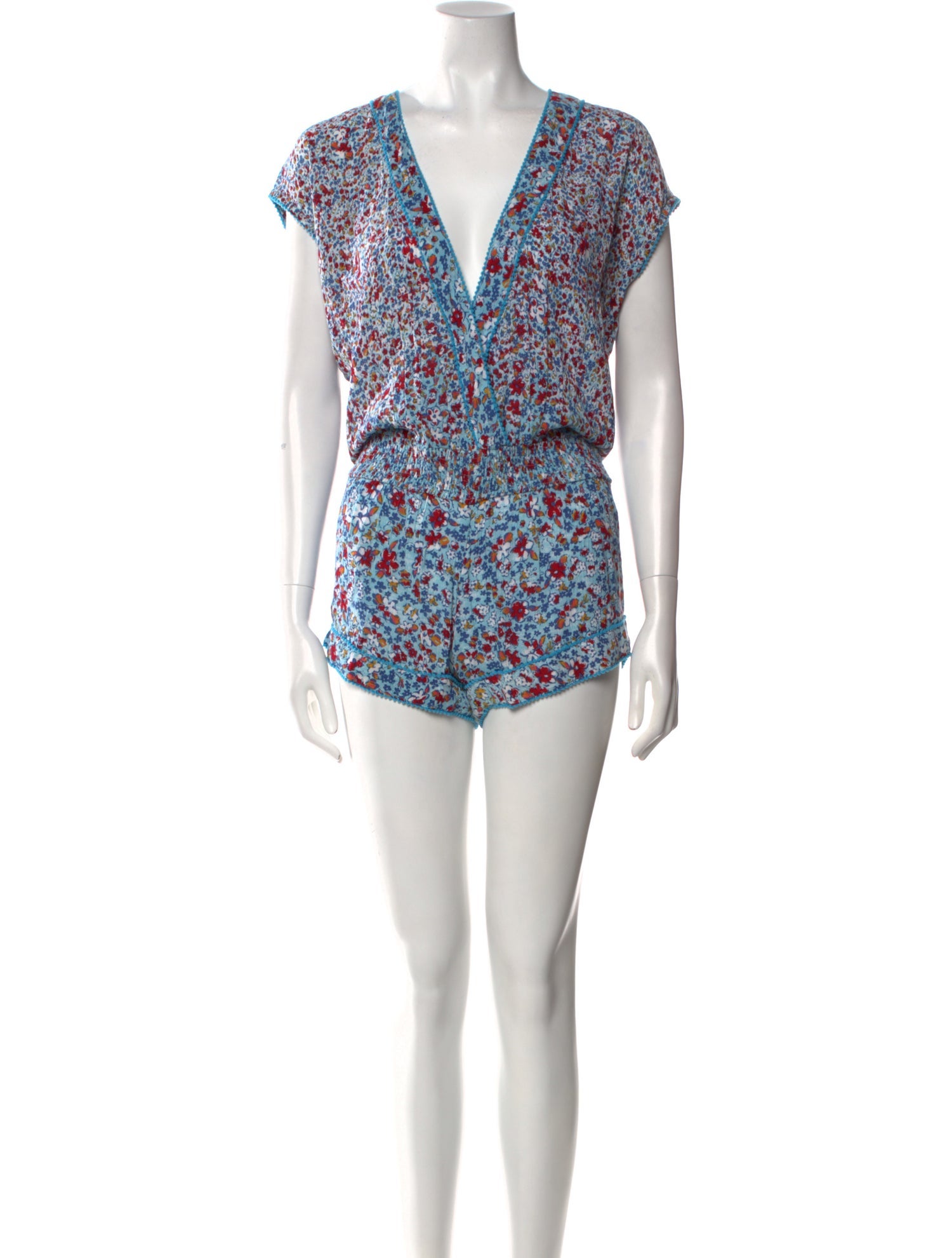 Poupette St Barth Floral Print Plunge Neckline Romper