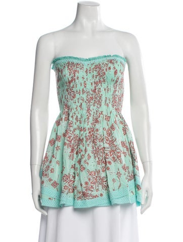 Pre-owned Poupette St Barth Floral Print Strapless Blouse In Green