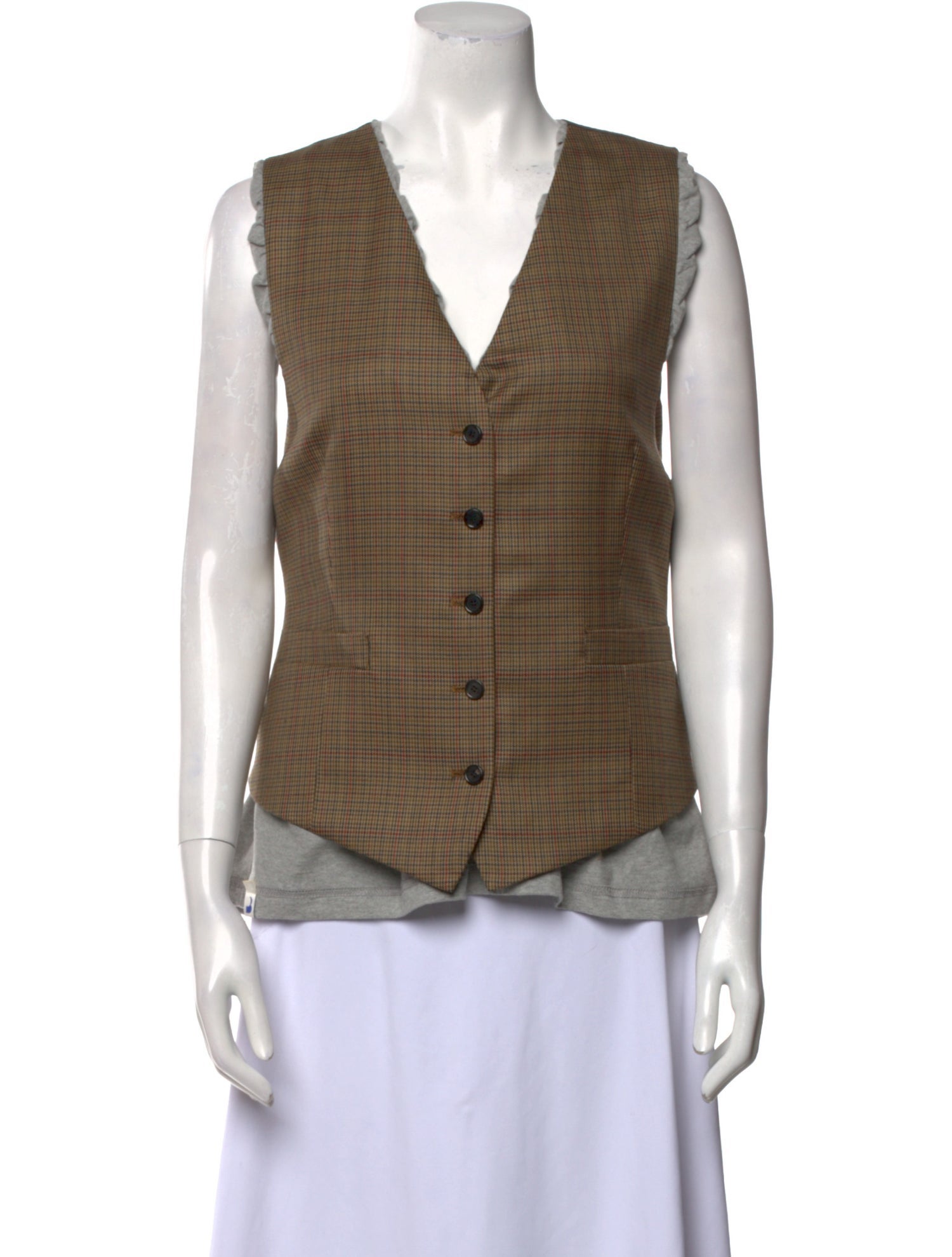 Pushbutton Wool Plaid Print Top