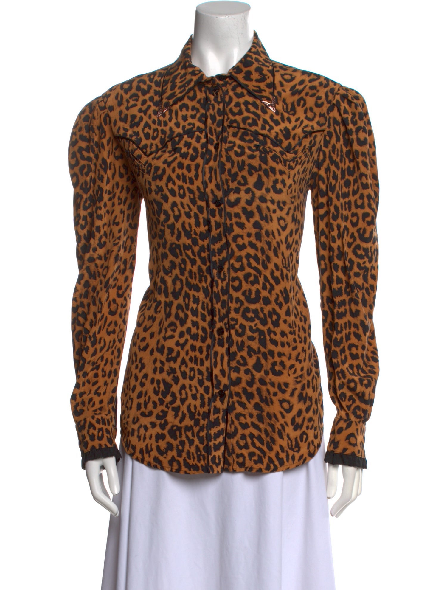 Pushbutton Silk Animal Print Button-Up Top
