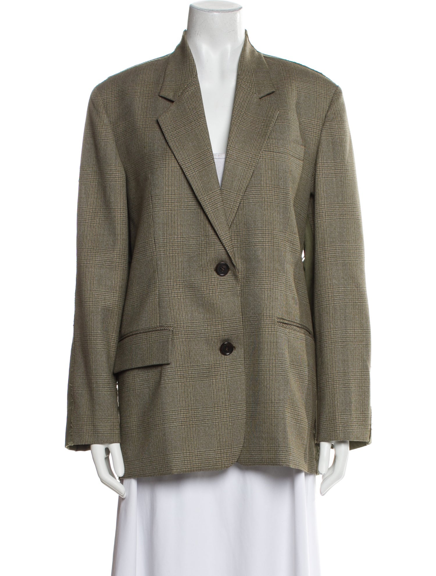 Pushbutton Wool Plaid Print Blazer