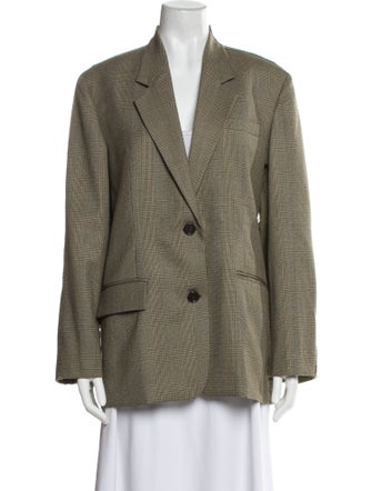 Pushbutton Wool Plaid Print Blazer