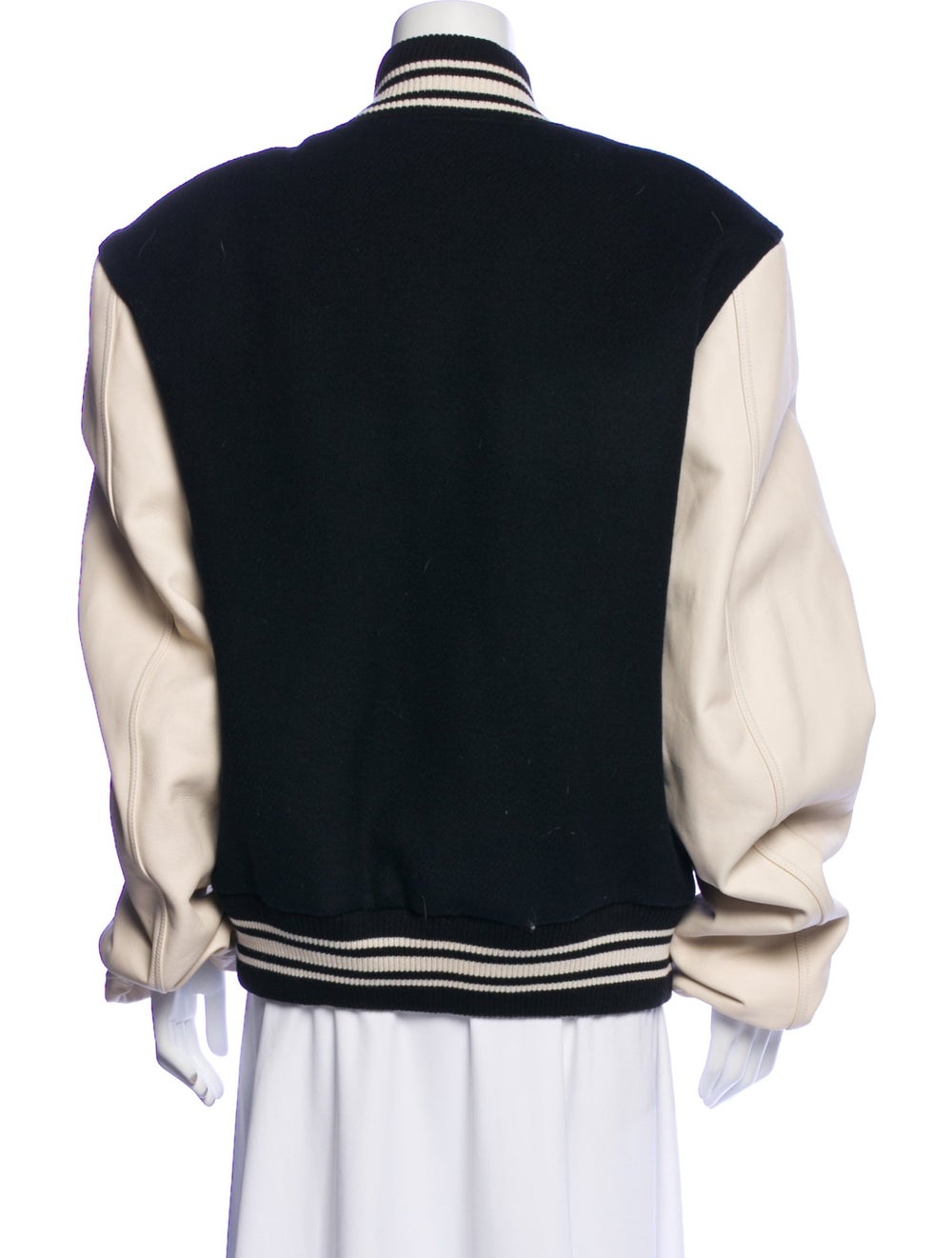 Pushbutton Wool Bomber Jacket Black Striped Leath… - image 3