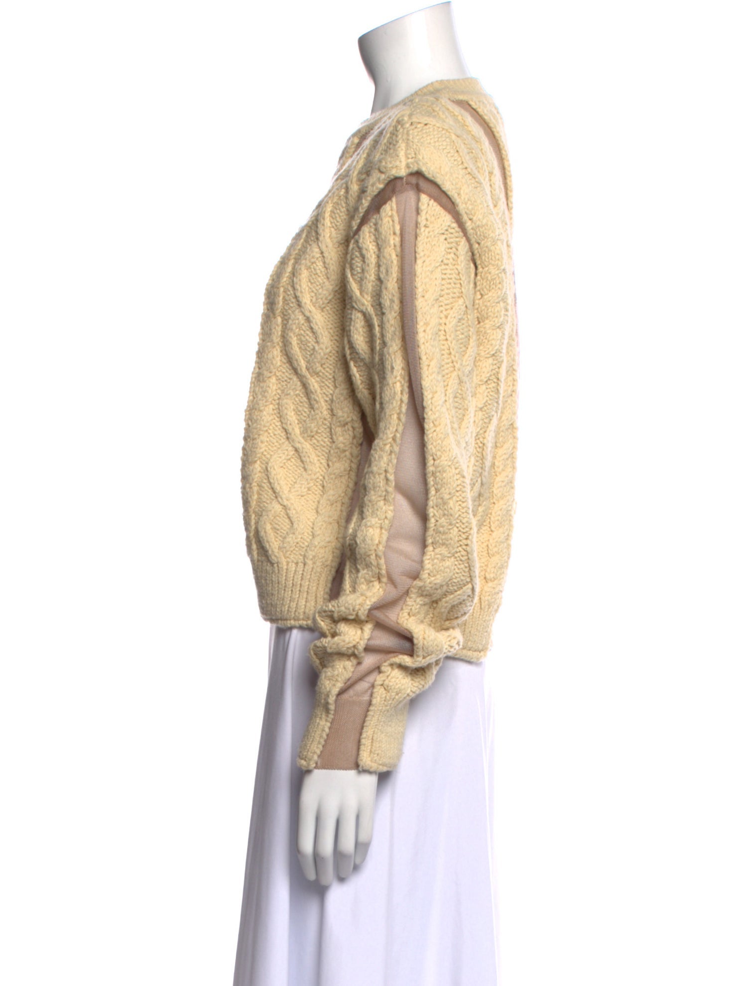 Pushbutton Cable Knit Crew Neck Sweater