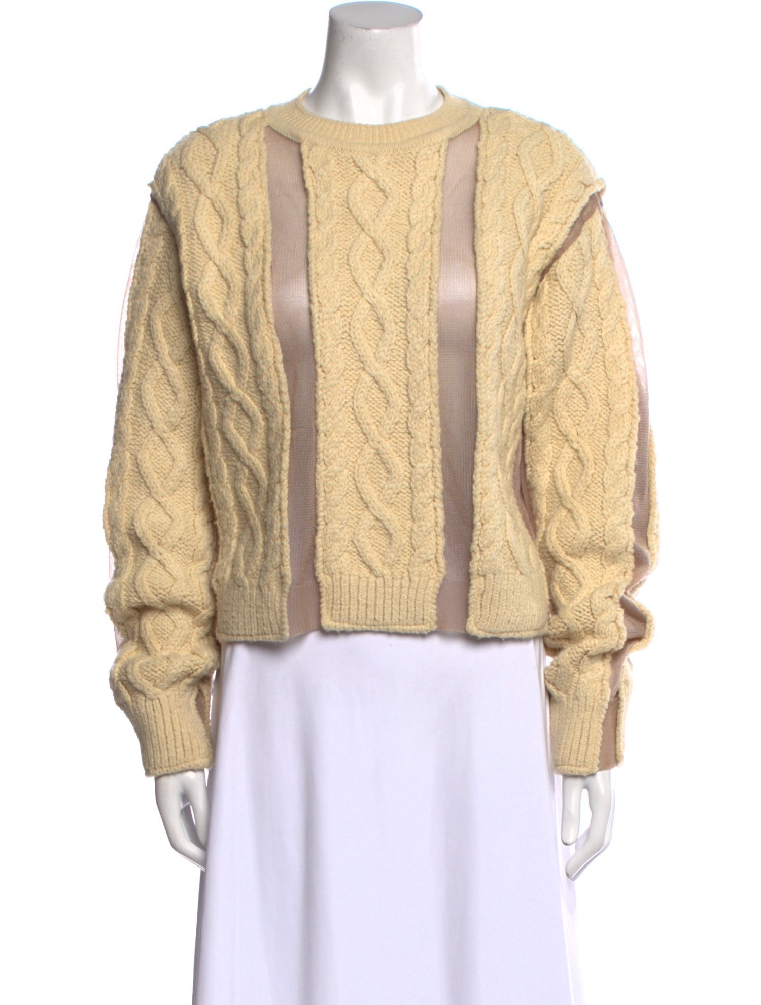 Pushbutton Cable Knit Crew Neck Sweater