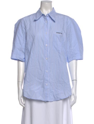 Pre-owned Pushbutton Striped Short Sleeve Button-up Top In Blue